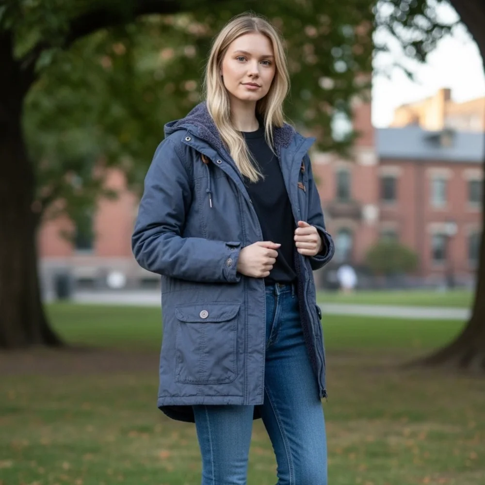 Columbia Women's Sherpa-Lined Hooded Outdoor Parka Cargo Pockets Blue Gray Sz L